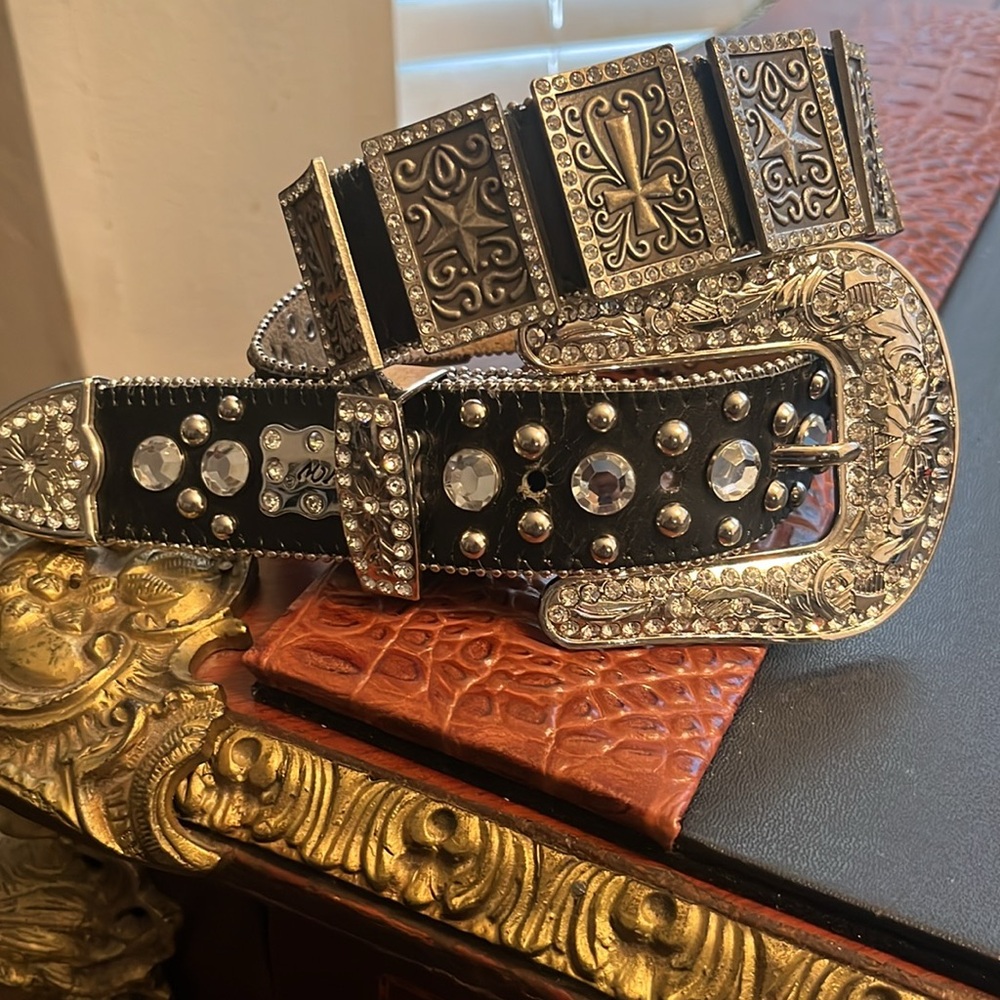 Western Crystal-Studded Black Belt with Ornate Silver Buckle